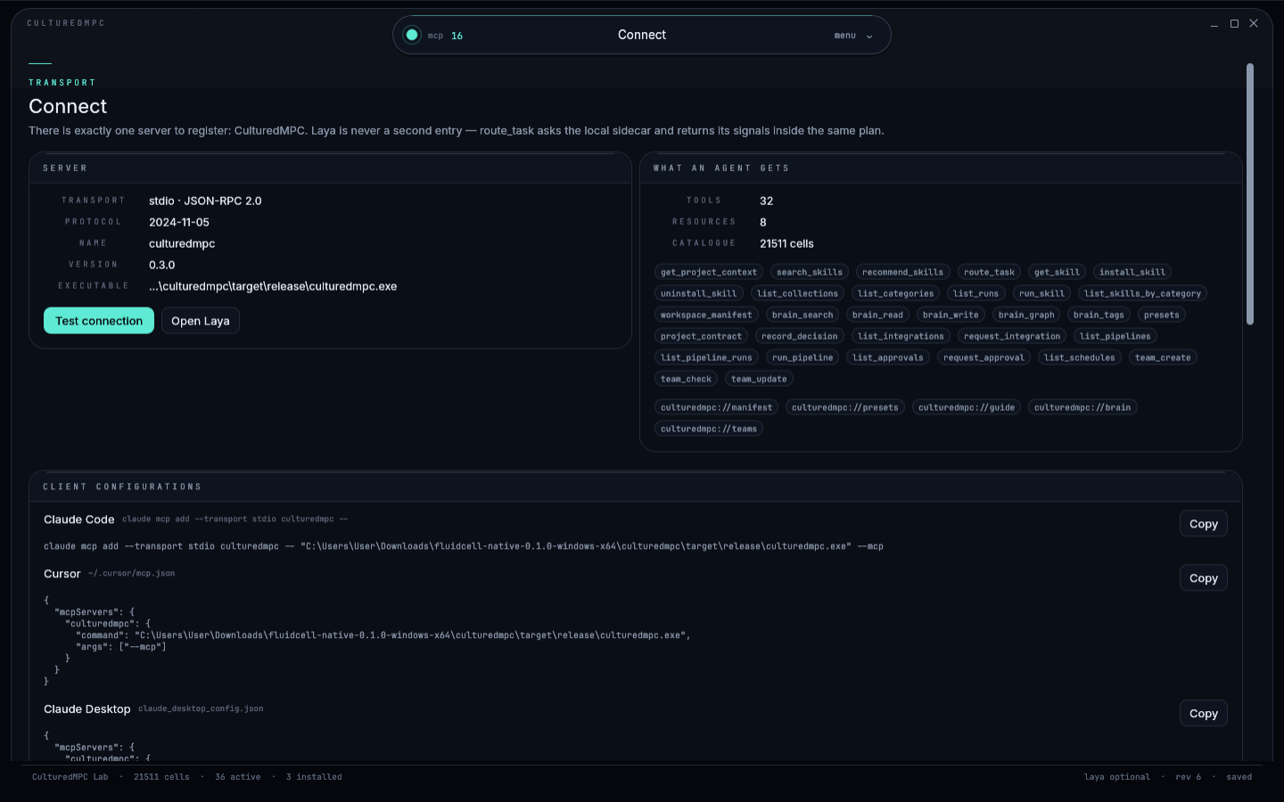 CulturedMPC connect screen: four client configurations, the tool and resource counts, and the handshake test